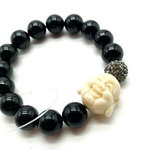 Black Beaded Off-White Buddha Head with Crystal Ball Stretch Bracelet Yoga